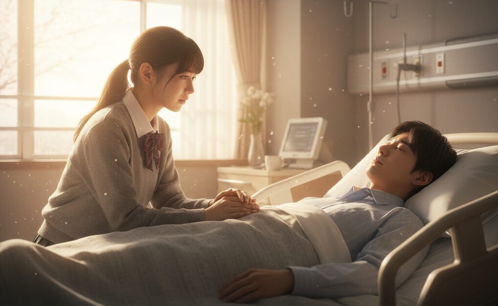 病院のベッドで意識がなく眠る恋人を見守る若い女性。窓から光が差し込み、二人の間の深い愛情と切なさを表現している。