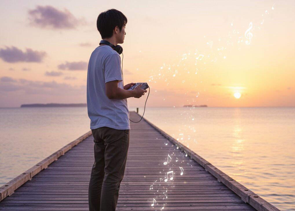 夕暮れの沖縄の桟橋で、海を眺めながら古いMDプレイヤーを手に物思いにふける若い男性の後ろ姿。