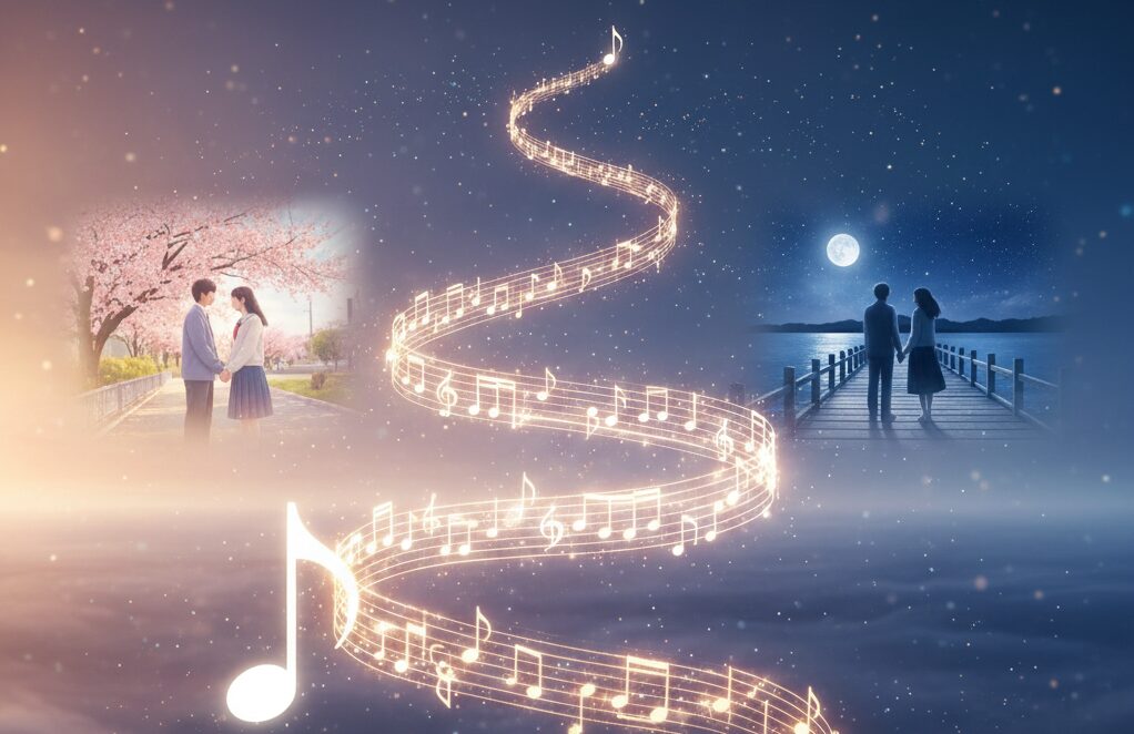 一つの音符から、恋人たちの思い出の風景が光の帯となって広がる、楽曲が物語になる様子を表現した抽象的なイメージ。