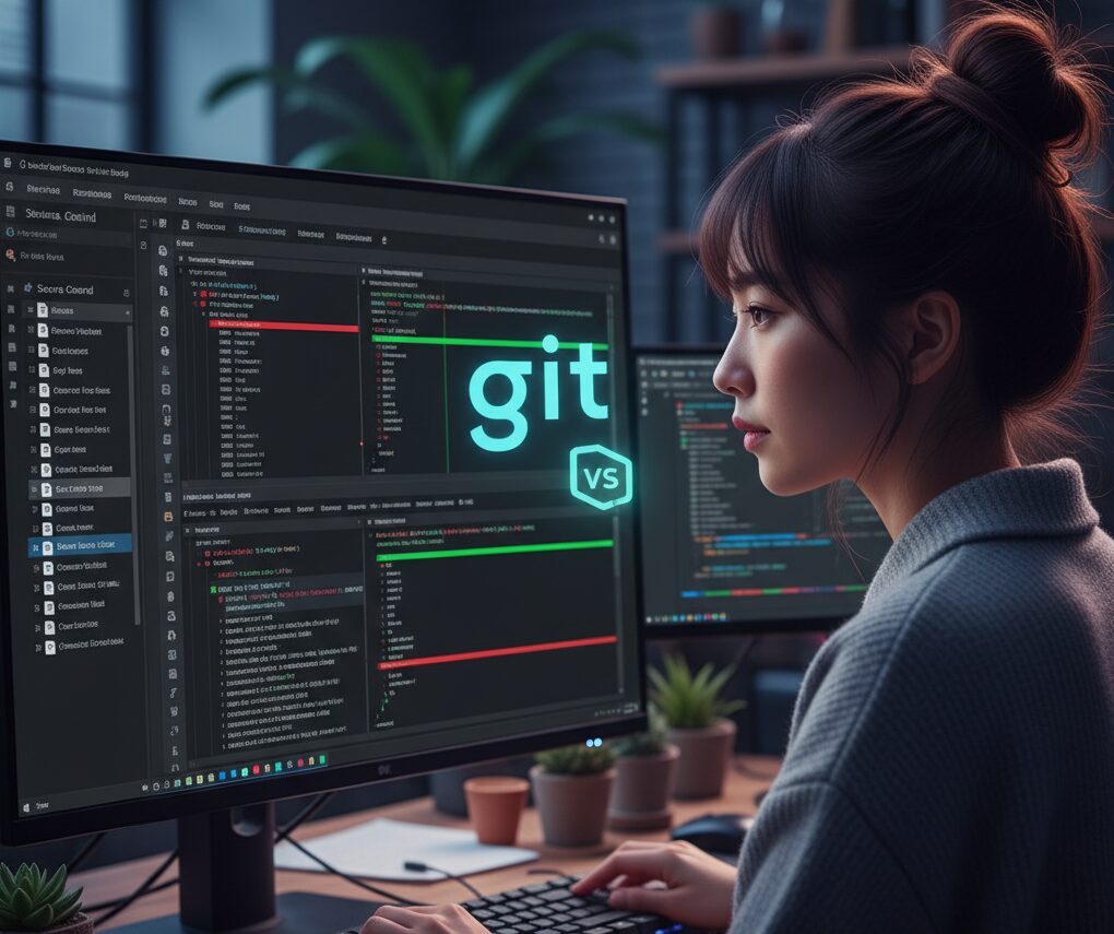 Visual Studio CodeでGitの差分比較を行う日本人女性開発者
