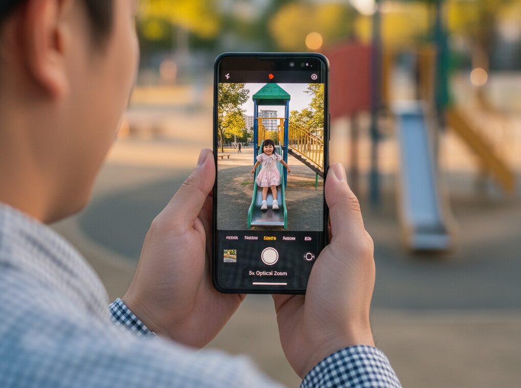 公園で遊ぶ我が子を、スマートフォンの望遠カメラを使って遠くから綺麗に撮影してい