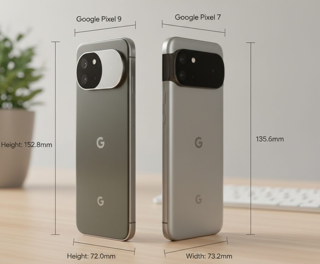 Pixel 9とPixel 7を隣り合わせに置き、側面デザインとサイズのわずかな違いを比較している