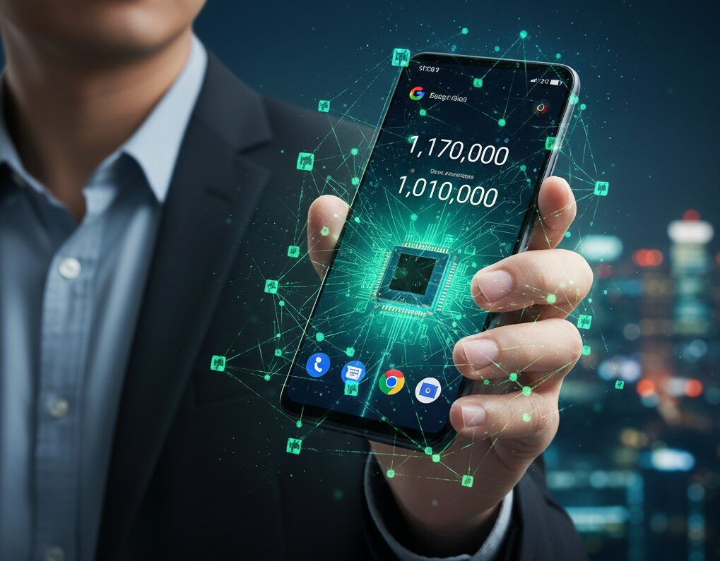 スマートフォンから放たれる光のニューラルネットワーク。AIプロセッサの高度な処理性能を象徴している。