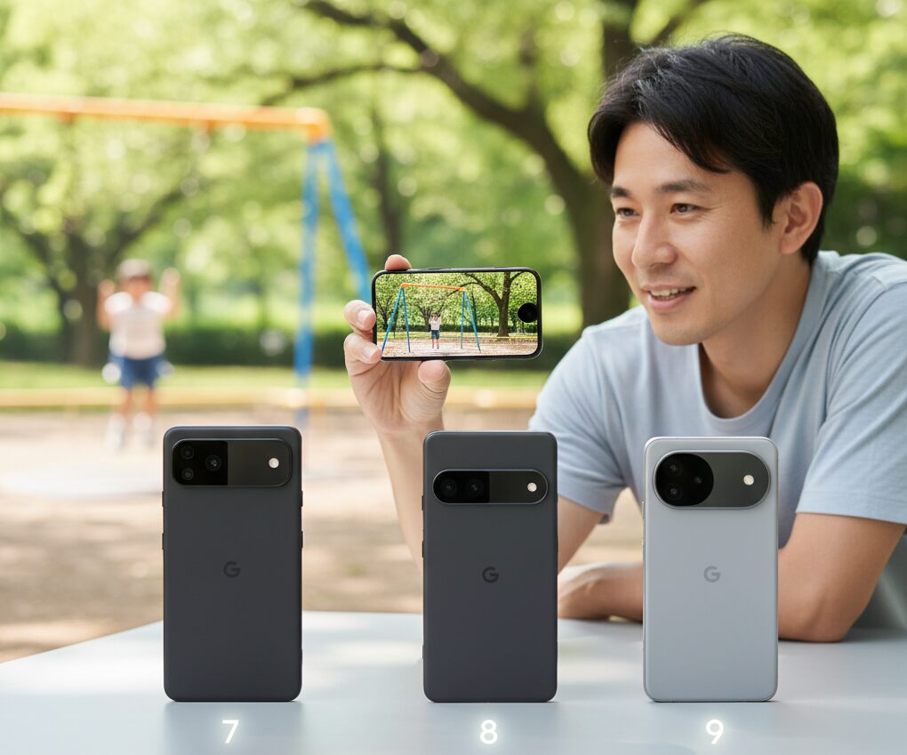 公園で遊ぶ我が子を、スマートフォンの望遠カメラを使って遠くから綺麗に撮影している