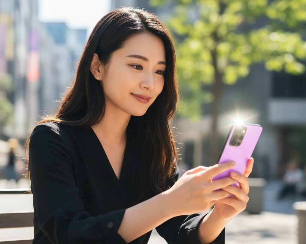 日中の屋外カフェで、日本人女性がスマートフォンの明るく鮮明なディスプレイを見ながら操作している。