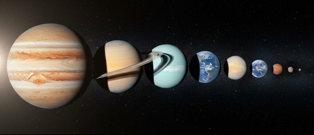 太陽系の8つの惑星が、木星から水星まで直径の大きい順にリアルなイラストで並んでいる様子。巨大ガス惑星と岩石惑星の大きさの違いが明確にわかる