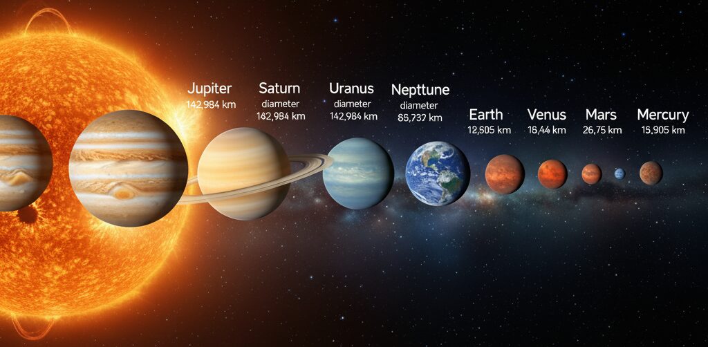 太陽系の8つの惑星が、木星から水星まで直径の大きい順にリアルなイラストで並んでいる様子。巨大ガス惑星と岩石惑星の大きさの違いが明確にわかる
