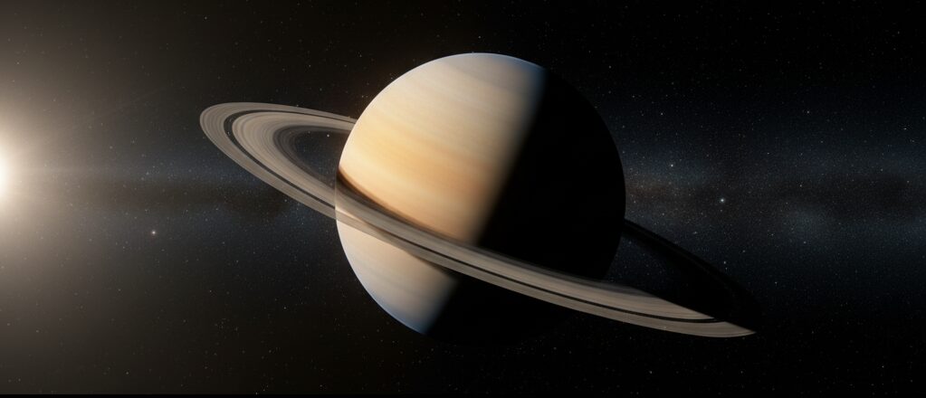 美しく巨大な輪が最大の特徴である惑星、土星のリアルなCG。輪を構成する氷の粒子や、輪の薄さ、構造がわかる角度で描かれている。