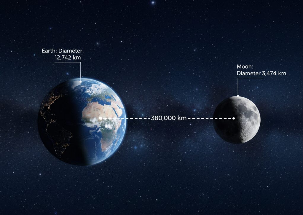 地球と月の大きさと、その間の広大な距離感を正確な縮尺で表現したイラスト。宇宙空間の広がりが感じられる。