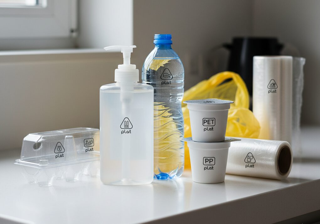 PE製のシャンプーボトル、PET製の飲料ボトル、PP製のヨーグルトカップなど、様々なプラスチック製容器包装が並んでいる
