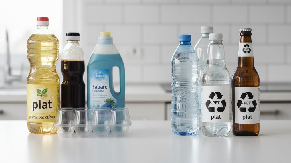 リサイクル方法が異なる飲料用ペットボトルと、食用油のボトルや卵パックといったPET製容器包装が対比されている