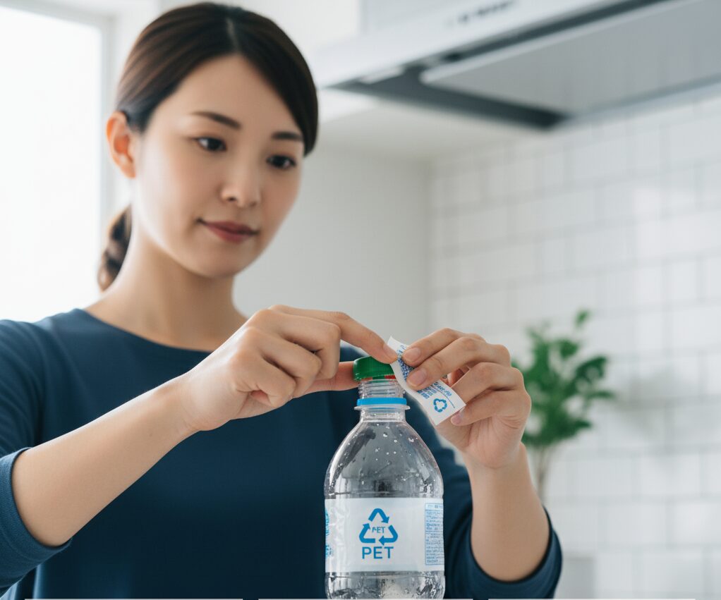 日本人女性がペットボトルのリサイクルのために、本体からキャップとラベルを丁寧に取り外している