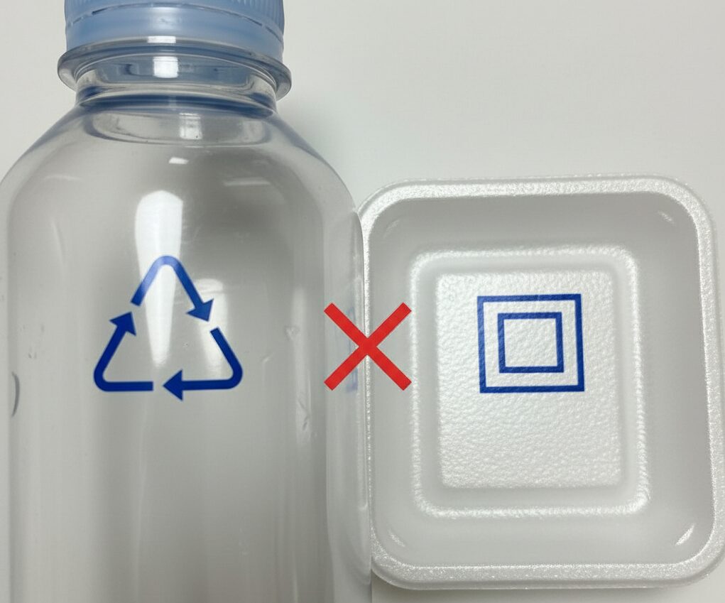ペットボトルに表示された三角形のPETボトルリサイクルマークと、食品トレイに表示された四角形のプラマークを比較している