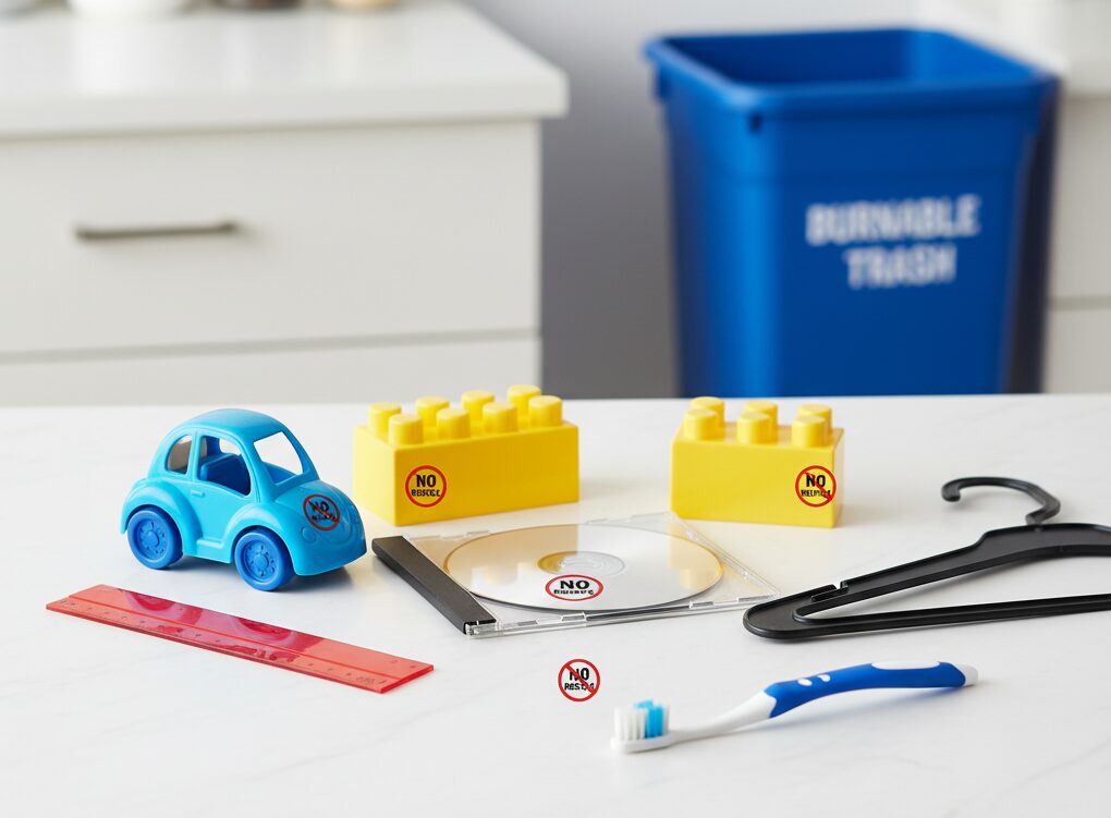 プラスチック製のおもちゃ、文房具、歯ブラシ、CDケースなど、リサイクル対象外となるプラスチック製品の一例